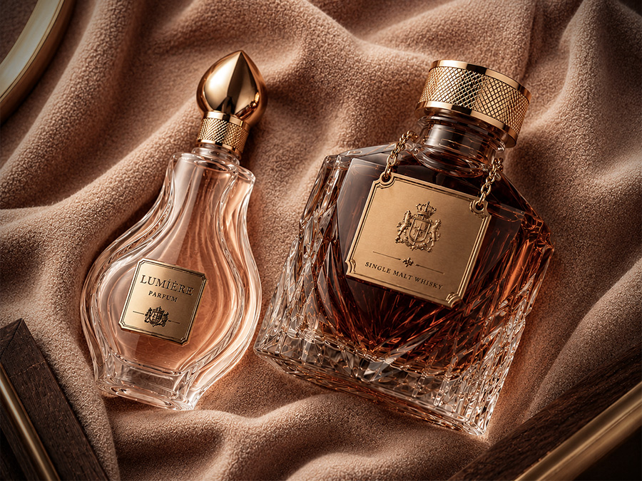 Boccetta di un Profumo e Bottiglia di Whisky con Accessori in Metallo Pregiati