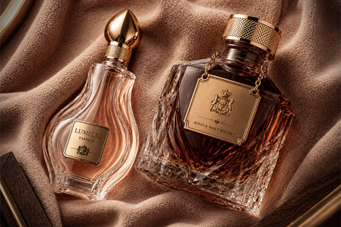 Boccetta di un Profumo e Bottiglia di Whisky con Accessori in Metallo Pregiati