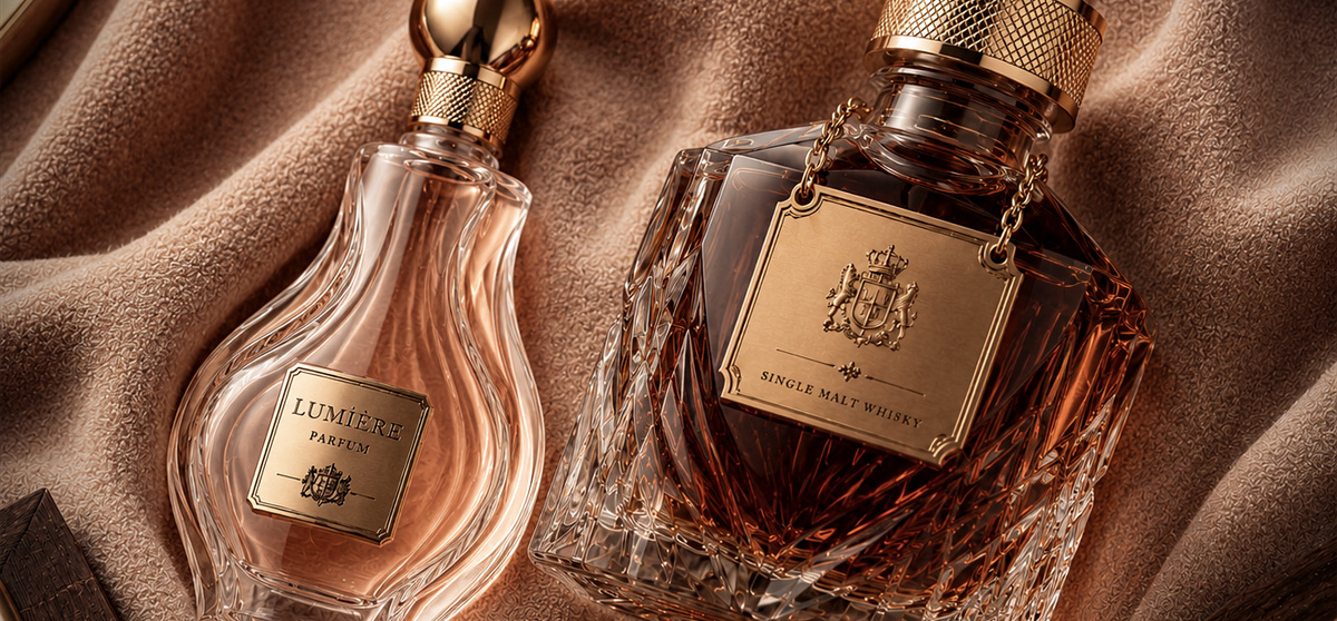 Boccetta di un Profumo e Bottiglia di Whisky con Accessori in Metallo Pregiati